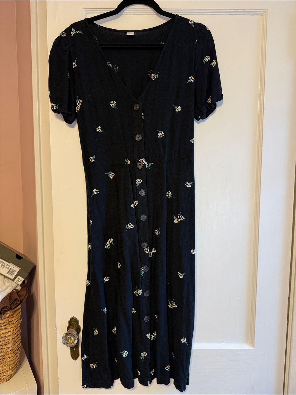 Old Navy Black Midi Dress with Small Floral Print